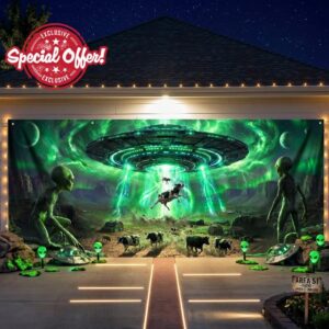 Preboun Alien Abduction Halloween Garage Door Decoration UFO Cow                                                          Halloween Door Cover Spacecraft Flying Hanging Garage Banner for Home Outdoor Indoor Spooky Party Wall Window Yard