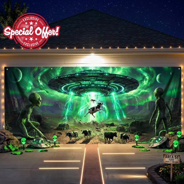 Preboun Alien Abduction Halloween Garage Door Decoration UFO Cow                                                          Halloween Door Cover Spacecraft Flying Hanging Garage Banner for Home Outdoor Indoor Spooky Party Wall Window Yard