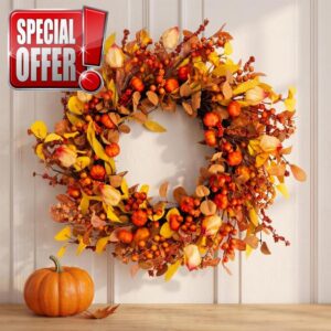 26" Fall Wreath for Front Door Pumpkin Artificial Wall Decor Autumn                                                          Holiday Decor