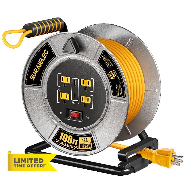 SURAIELEC Retractable Extension Cord Reel 100 Ft