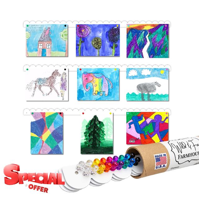 Scalloped Magnetic Art Display for Kids Artwork & Photos (Set of 3) – Kids Artwork Display for Wall – Magnetic Photo Display Strips with Push-Pin Magnets (White