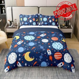 Feelyou Outer Space Duvet Cover 100% Cotton Twin Size Boys Girls                                                          Planets Bedding Set Breathable Soft Rocket Ship Comforter Cover 2Pcs Bedroom Decor Microfiber Zipper Closure