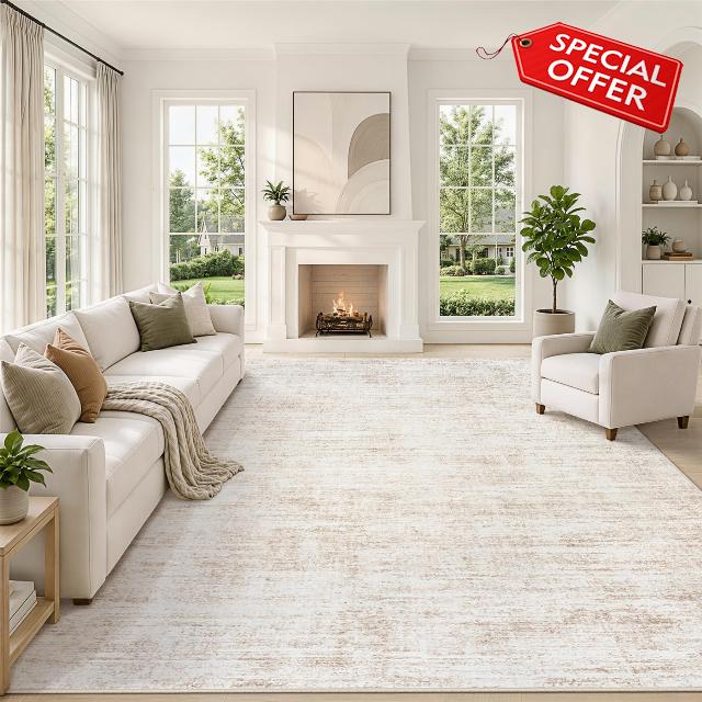 8x10 Area Rugs for Living Room Washable Rug Neutral Abstract Beige Carpet                                                          Bedroom