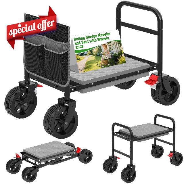 Garden Seat with 360° Brake Wheel: 3-in-1 Rolling Garden Kneeler and Seat                                                          Foldable Gardning Stool with Extendable Legs - Thick Pad and Tool Pouches - Heavy Duty Gardening Bench for Seniors