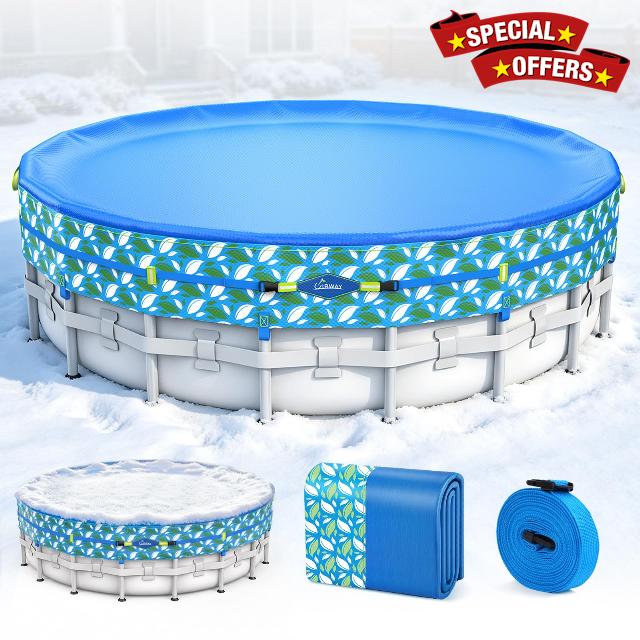 UIRWAY 24 ft Round Premium Winter Pool Cover - Heavy-Duty Blue Printed PE Pool Winter Cover with Reflective Strips