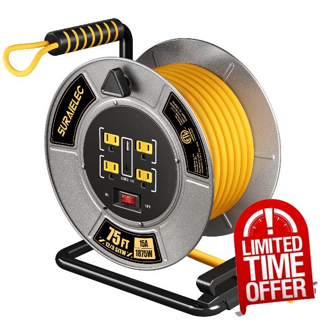 SURAIELEC 75Ft Retractable Extension Cord Reel