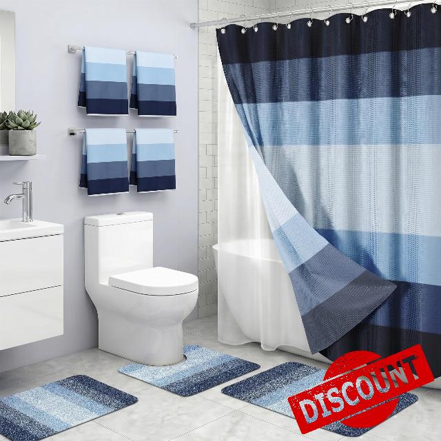Britimes Bathroom Sets with Shower Curtain and Rugs Set of 8 Nautical                                                          Striped Navy Blue Coastal Decor with PEVA Waterproof Curtain Liner