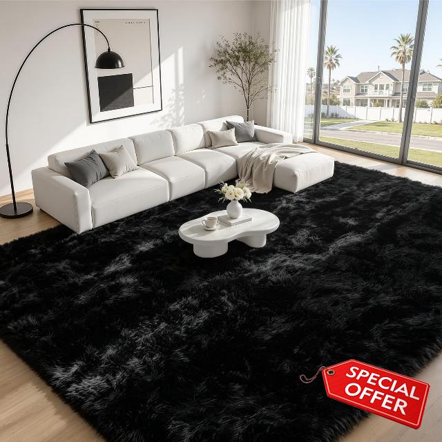 TENGTENGLINK 8x10 Fluffy Shag Area Rug Living Room Bedroom Washable Black                                                          Ultra Soft 1.8" Thick High Pile
