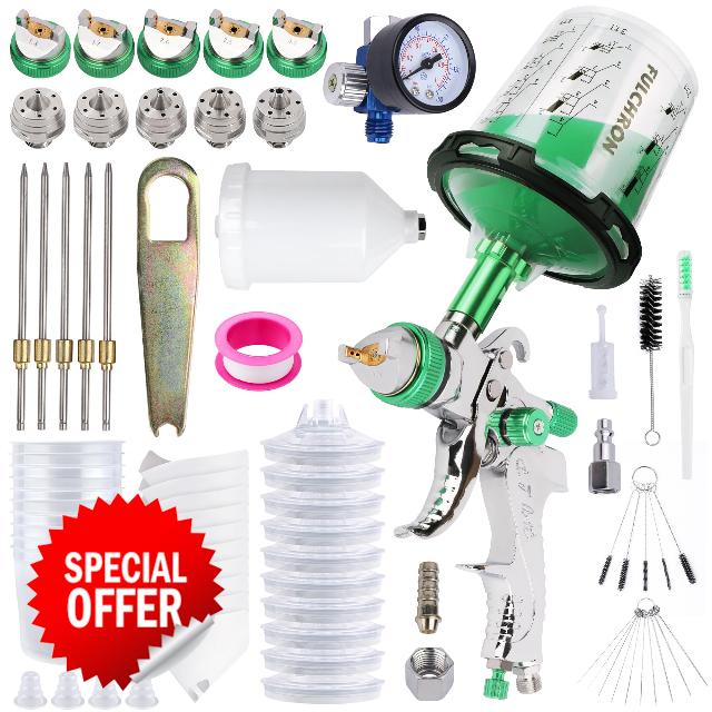 HVLP Spray Gun Kit with 10 Disposable 600ML Paint Cups & 5 Nozzle (Green)