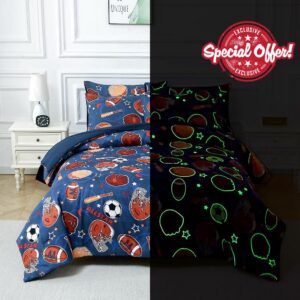 4 Pieces Blue Soccer Basketball Bedding Set Full Size for Boys Tee