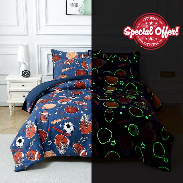 4 Pieces Blue Soccer Basketball Bedding Set Full Size for Boys Tee