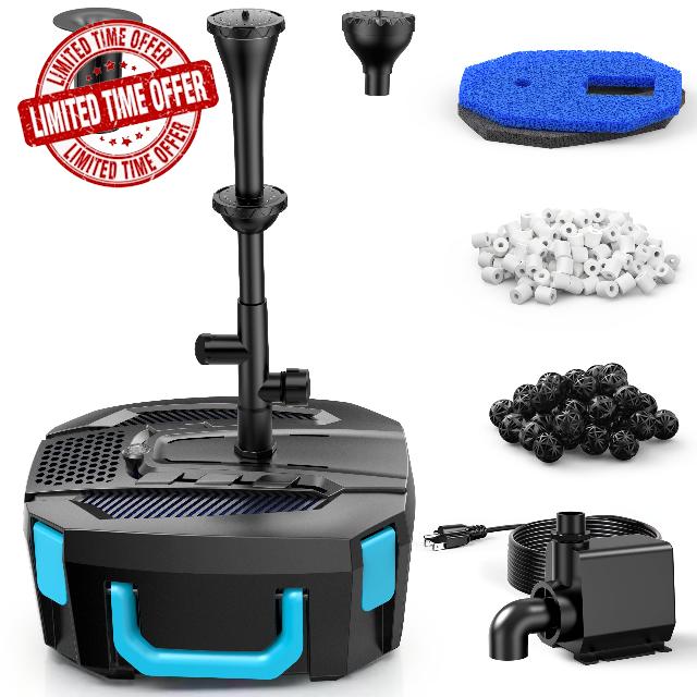 400GPH All-in-1 Pond Pump and Filter Kit for Pond 100 to 400 Gallons                                                          Quiet Submersible Fountain Pump for Koi Ponds