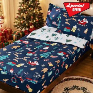 Anibedding 3Pcs Full Size Christmas Zipper Bedding Comforter Set Navy Blue                                                          All in One Zipper Bedding Set with Pillowcase for Kids Cartoon Snowman and Reindeer Patte