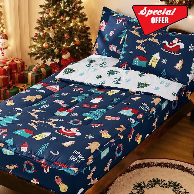 Anibedding 3Pcs Full Size Christmas Zipper Bedding Comforter Set Navy Blue                                                          All in One Zipper Bedding Set with Pillowcase for Kids Cartoon Snowman and Reindeer Patte