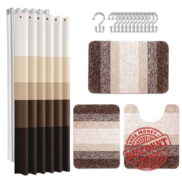 Britimes Bathroom Sets with Shower Curtain and Rugs Set of 4 Stripe Brown                                                          Abstract Modern Vintage Decor with PEVA Waterproof Curtain Liner