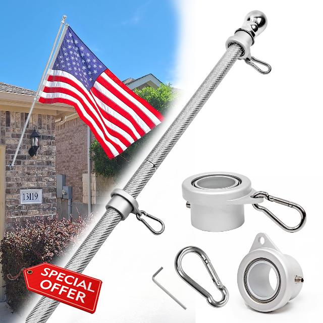 HIBLE Silver Carbon Fiber Flag Pole 1 Inch 8 FT Flag Pole for Outside House                                                          Rust Free Flag Pole With Smooth Bearings Flag Pole Rings