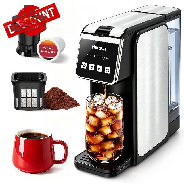 Horavie Hot & Iced Single Serve Coffee Maker for Coffee Pods & Ground                                                          6–16oz Brew Sizes