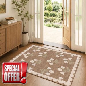 3x4 Floral Entry Rug - Small Washable Indoor Outdoor Mats for Front Door Non-Slip Porch Rug Tan Boho Neutral Farmhouse Throw Rugs for Living Room Bedroom Entryway Kitchen Office Porch Deco