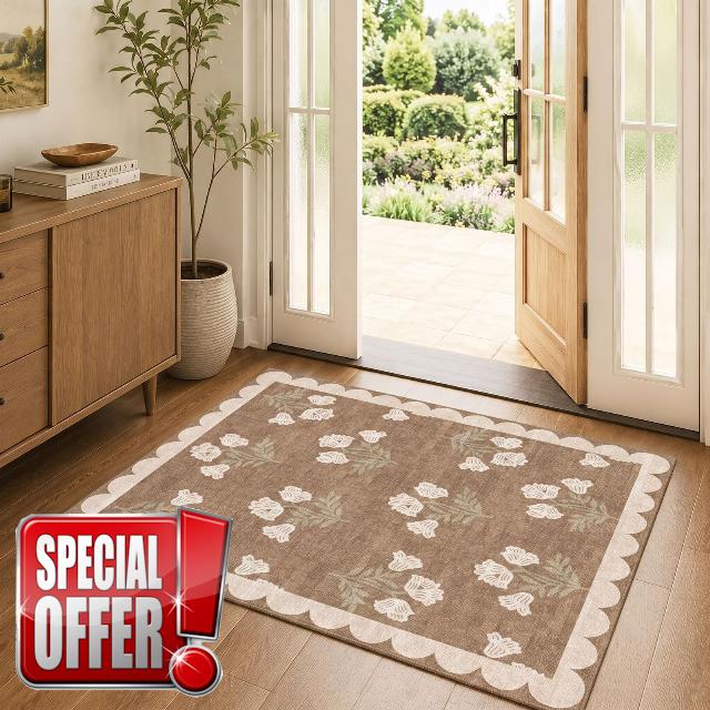 3x4 Floral Entry Rug - Small Washable Indoor Outdoor Mats for Front Door Non-Slip Porch Rug Tan Boho Neutral Farmhouse Throw Rugs for Living Room Bedroom Entryway Kitchen Office Porch Deco