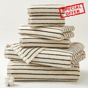 Black Striped Bath Towels Set Cotton for Bathroom Shower Decor 6 PCS                                                          Absorbent Quick Drying 2 Bath 2 Hand 2Washcloths Towels