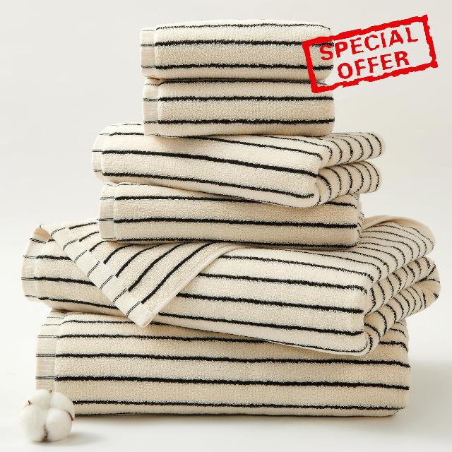 Black Striped Bath Towels Set Cotton for Bathroom Shower Decor 6 PCS                                                          Absorbent Quick Drying 2 Bath 2 Hand 2Washcloths Towels