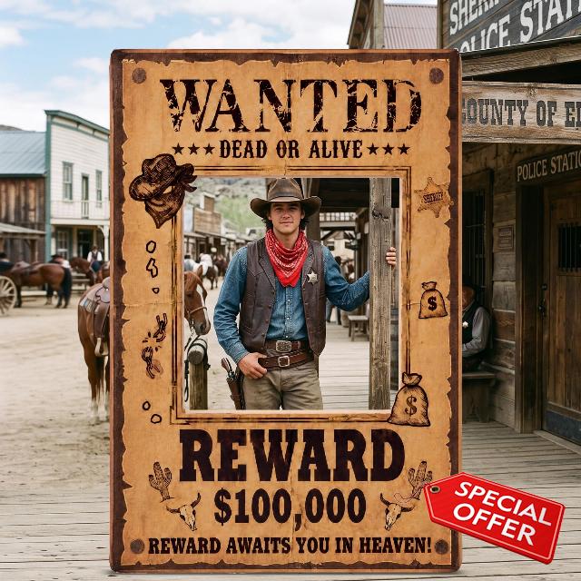 Funrous 5.4 ft Western Wanted Photo Booth Stand up                                                          Life Size Western Cowboy Cowgirl Party Frame Photo Booth Prop for Wild West Rodeo Birthday Indoor Outdoor Decorations