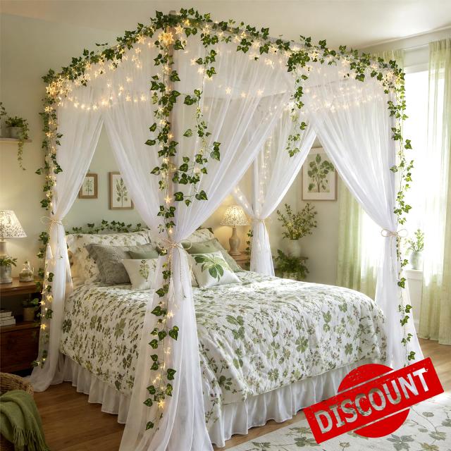 32 Pcs Bed Canopy Decor Set with Star String Lights White Canopy Vines Ribbons Hooks Anchors Clips for Bedroom Decor Dorm Romantic Room DIY Accents