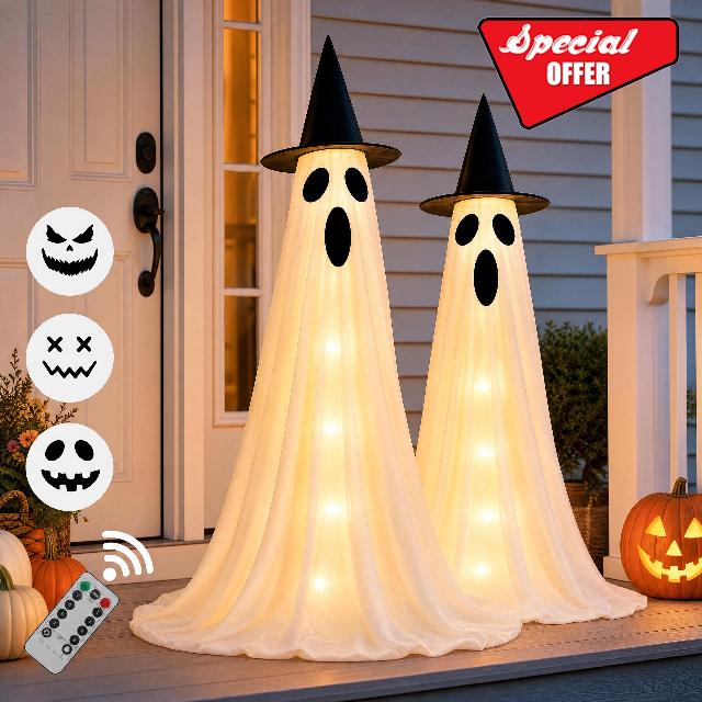 2‑Pack 63" Halloween Decorations Outdoor Indoor with Remote Control                                                          8 Light Modes & Timer