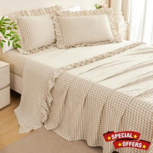 RYNGHIPY 4Pcs Tan Gingham Sheet Set King Size Grid Ruffle Bed Sheets                                                          Soft Pre-Washed Microfiber Brown Grid Bed Sheet Set with 16" Deep Pockets Vintage Cottage Checkered Sheets with Pillowcases