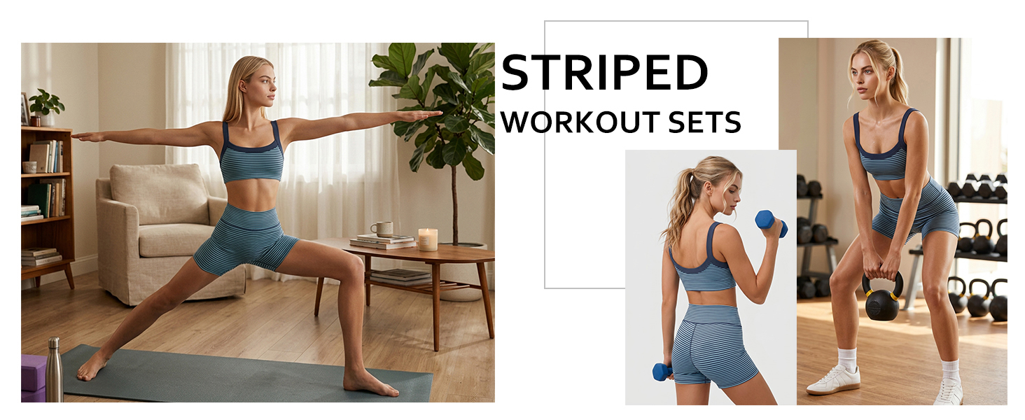 Womens Striped Workout Sets 2 Piece High Support Sports Bra and High Waisted Biker Shorts Set