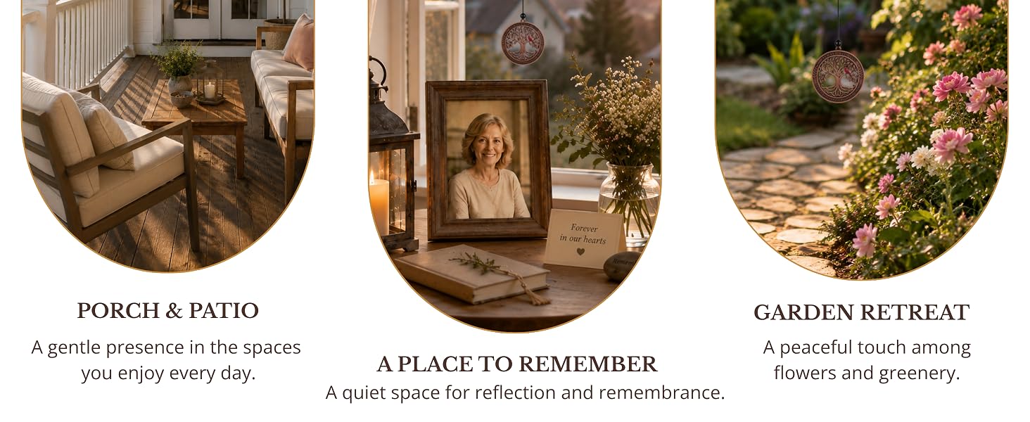 ORELROOT memorial wind chime shown in porch, remembrance, and garden settings.