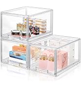 DILIBRA 2 Packs Plastic Stackable Storage Organizer Bins with Pull Out Drawer, Large Clear Acryli...