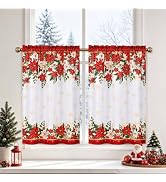 AtawLege Christmas Buffalo Plaid Kitchen Curtains 36 Inch Length Pom Pom Blackout Cafe Curtains, ...
