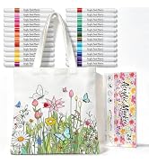 ROYAMOON Coloring Canvas Tote Bag for Women,16'' x 15'' (Hummingbird Daisy) | 24 Acrylic Markers,...