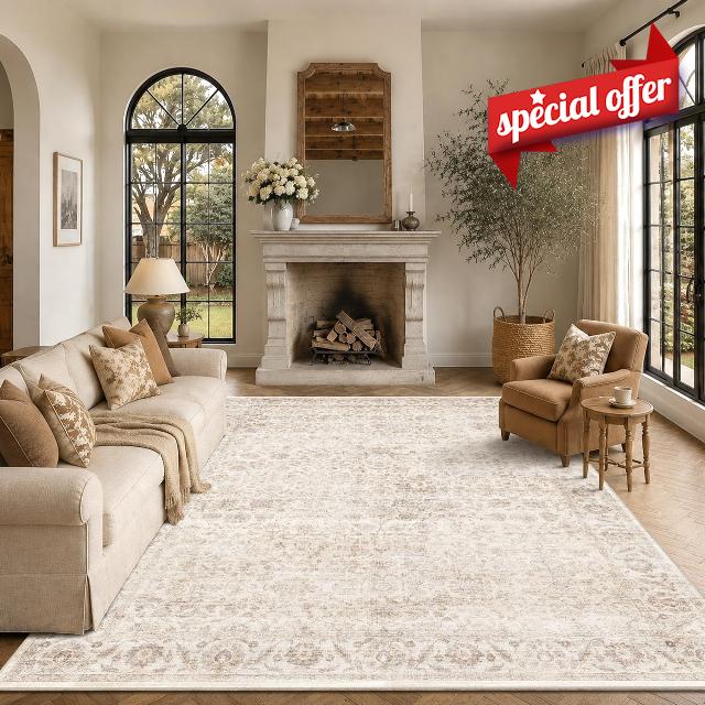 Washable 8x10 Living Room Non-Slip Area Rug Retro Beige Large Carpet                                                          Soft Low-Pile