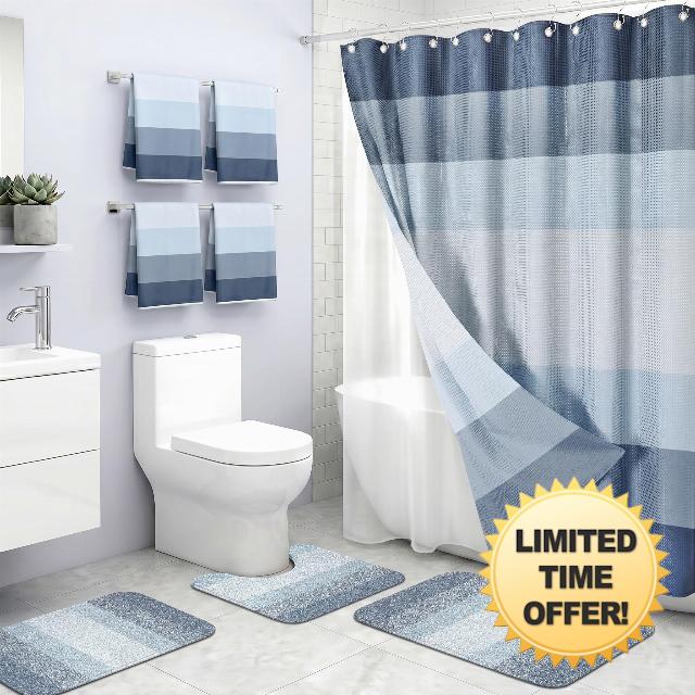 Britimes Bathroom Sets with Shower Curtain and Rugs Set of 8 Coastal                                                          Nautical Striped Modern Decor with PEVA Waterproof Curtain Liner