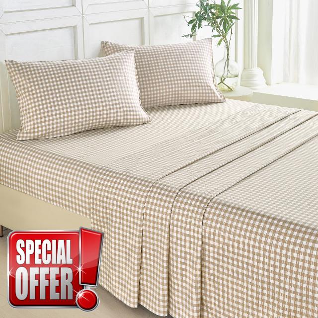 ZRNBAST Gingham King Size 4 Piece Sheet Set Taupe Soft Pre-Washed Microfiber Plaid Bed Sheets 16" Deep Pocket Comfy Breathable Brown Checkered Grid Bed Sheet Set (Tan