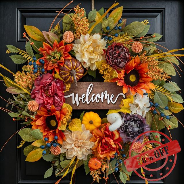 Artificial Harvest Fall Wreaths for Front Door 24 Inch Autumn Wreath                                                          Outdoor Fall Door Wreath with Sunflower