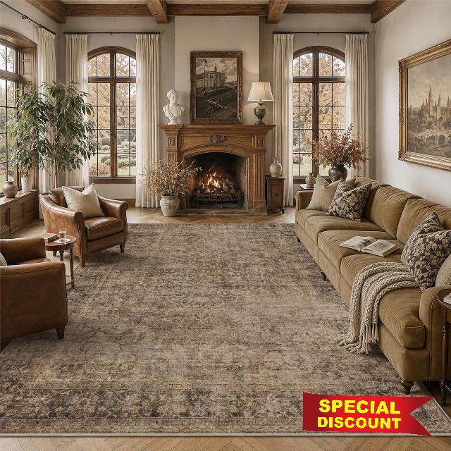 HelloTree 8x10 Vintage Washable Living Room Area Rug                                                          Low Pile Stain Resistant Non-Slip Carpet For Large Space