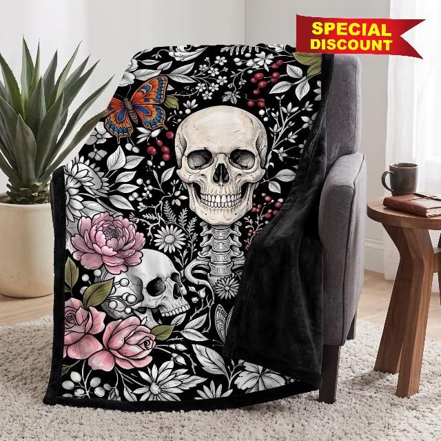 Color Your Skull Blanket - Gothic Floral Skeleton Doodle Throw Blanket