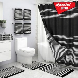 Britimes Bathroom Sets with Shower Curtain and Rugs Set of 8 Stripes Black                                                          Minimalist Modern Decor with PEVA Waterproof Curtain Liner