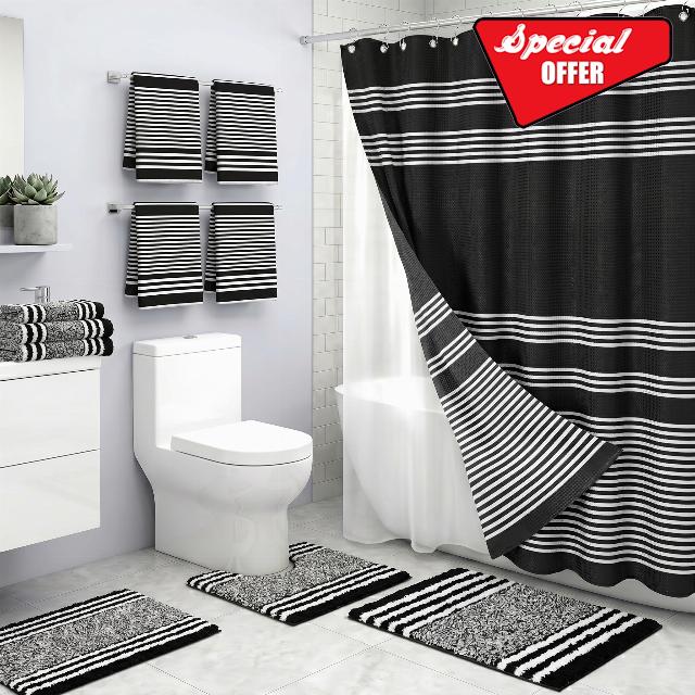 Britimes Bathroom Sets with Shower Curtain and Rugs Set of 8 Stripes Black                                                          Minimalist Modern Decor with PEVA Waterproof Curtain Liner