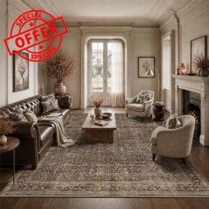 JOOJA 8x10 Dark Brown Vintage Soft Low Pile Non Slip Boho Washable Area Rug                                                          Stain Resistant Indoor Carpet
