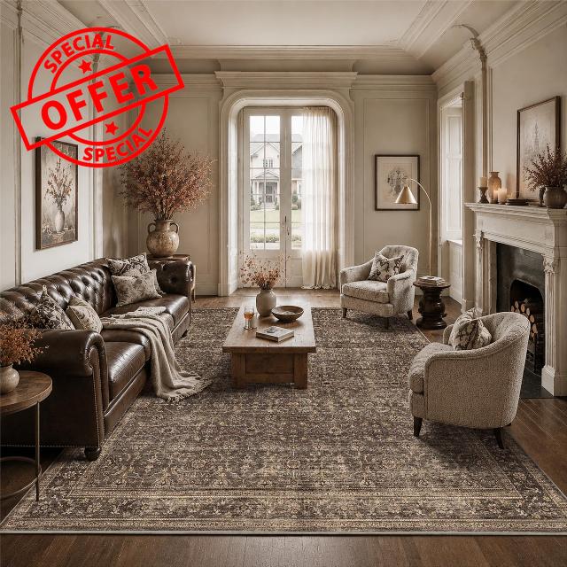 JOOJA 8x10 Dark Brown Vintage Soft Low Pile Non Slip Boho Washable Area Rug                                                          Stain Resistant Indoor Carpet