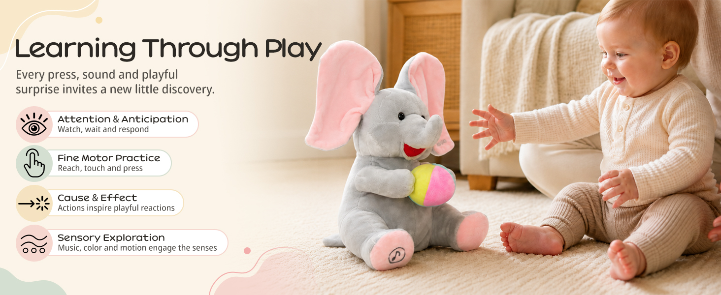 Baby interacting with animated peek‑a‑boo elephant plush toy in three‑scene collage