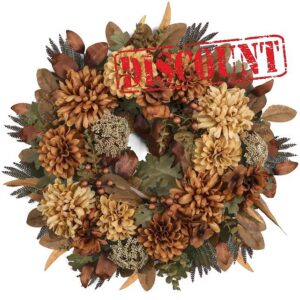 24" Fall Wreaths for Front Door with Mums Dahlias Queen Anne's Lace                                                          Artificial Autumn Wreath Real Touch