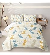 Mid Century Retro Cat Kids Quilt Set Twin Size Bedspread Bedroom Decor | Brown Red Yellow Cat Bed...
