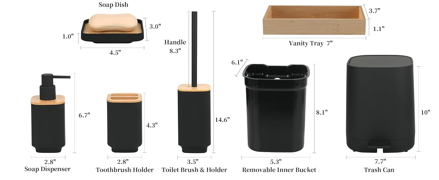 Luxury soft touch bathroom vanity decor set with natural bamboo tray and trash can
