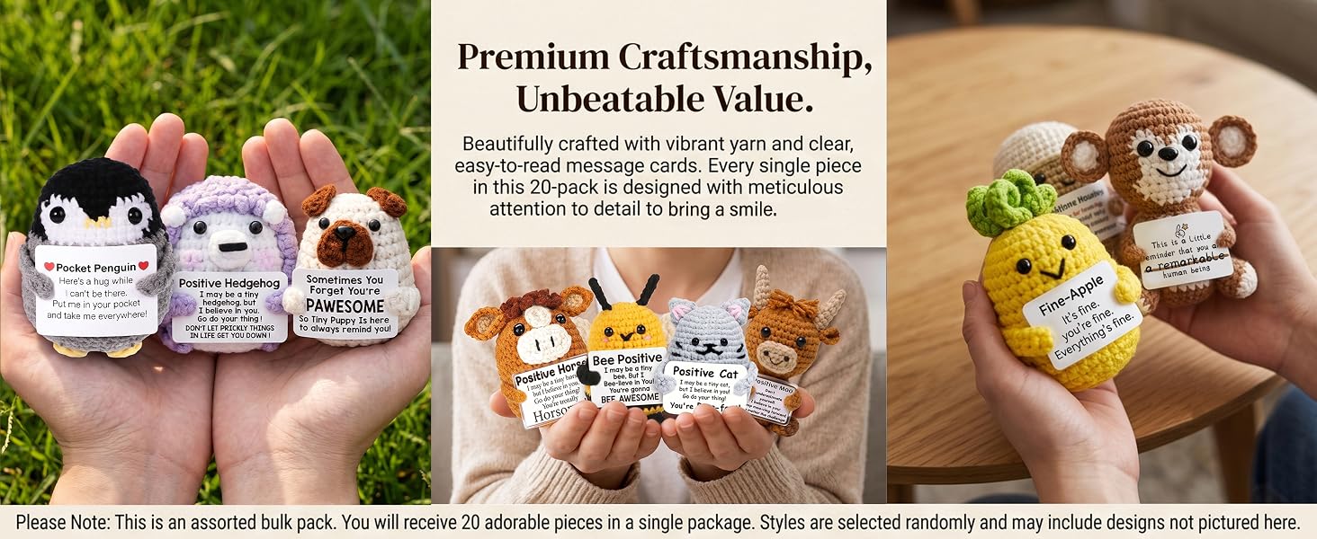 Hands holding premium hand-knitted shark and hedgehog dolls with vibrant yarn and message cards.