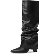 Modatope Knee High Boots Women Fold Over Knee High Boots Chunky High Heels Long Boots Zipper Poin...